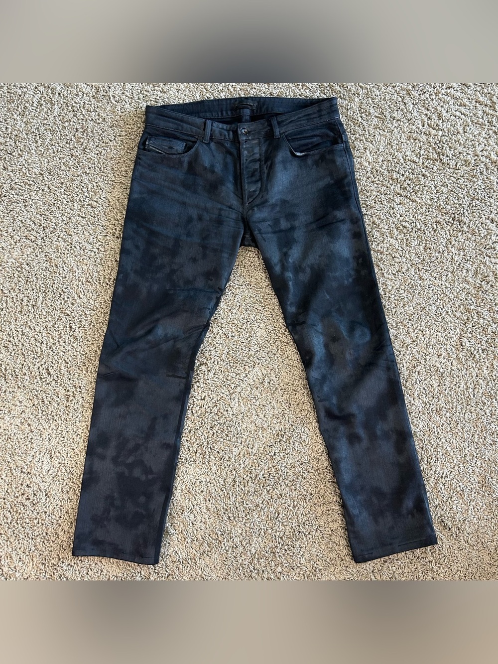 Diesel Black Gold Jeans Mens 32(34x28) Wash Denim Oil Spill Dye Cow Hide Leather
